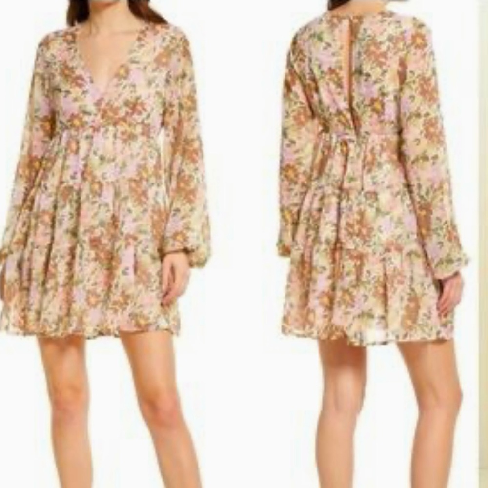 Fourteenth Place Boho Dress Tiered Balloon Sleeve Chiffon Floral SZ L  NWOT